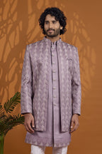 Lavender Art Silk 3 Piece Sherwani for Men Wedding with Thread Embroidery - close-up view