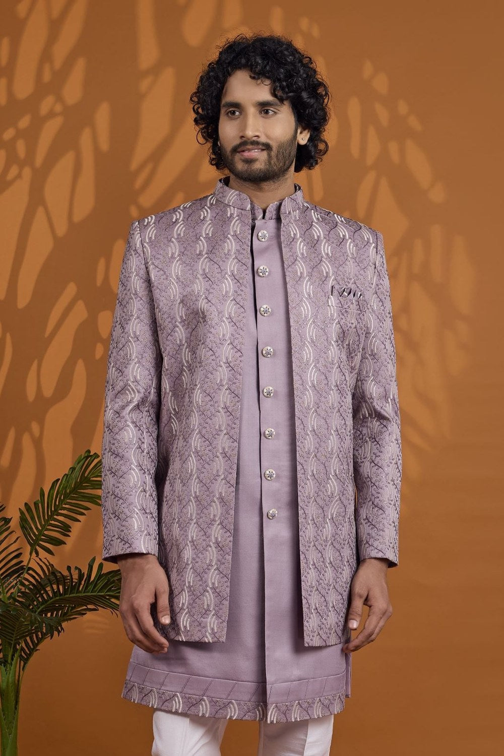 Lavender Art Silk 3 Piece Sherwani for Men Wedding with Thread Embroidery - close-up view