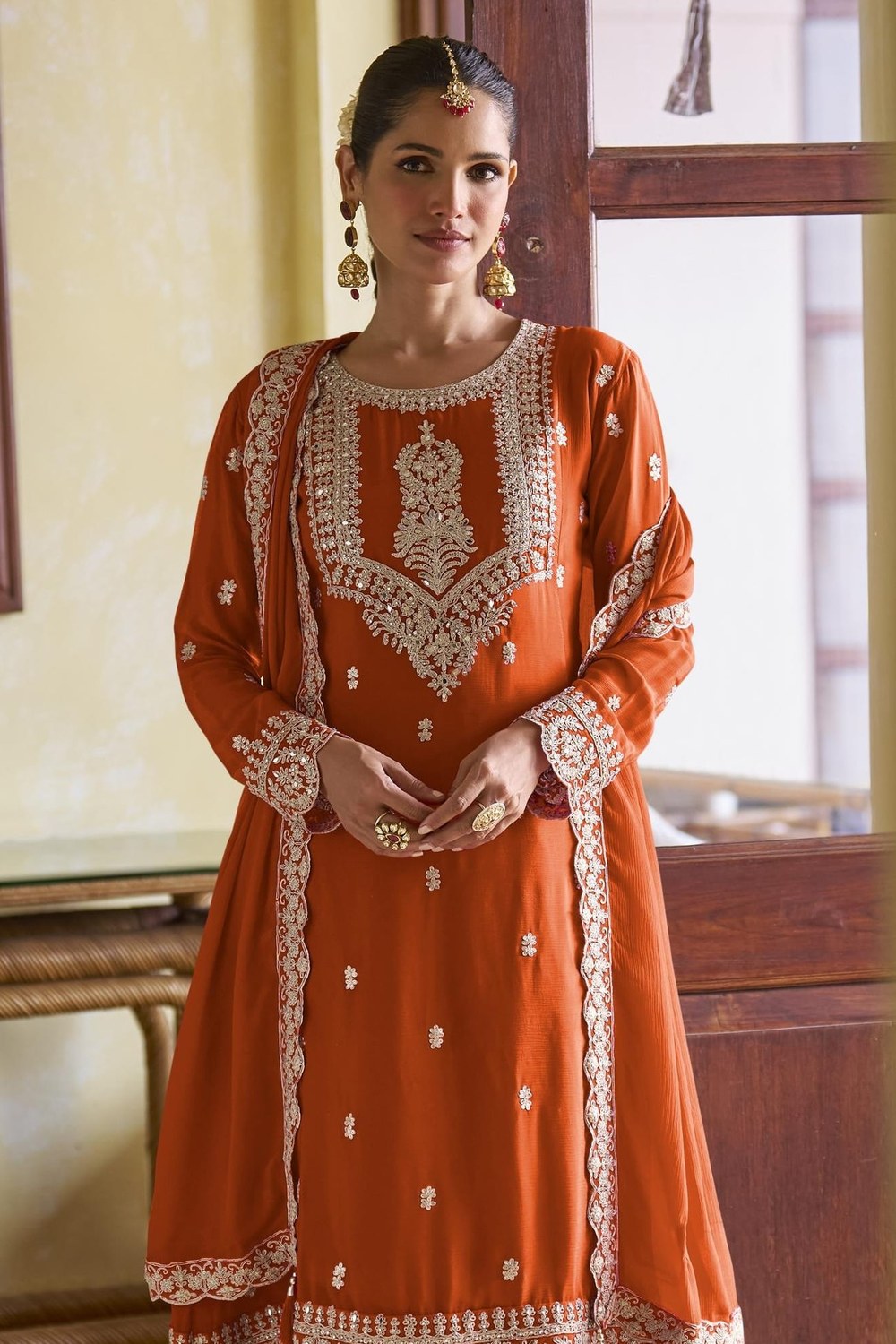 Orange Chinon Silk Kameez With Pant For Indian & Pakistani Wedding Festival - Sequins Embroidery Work, Dori Work - close-up view
