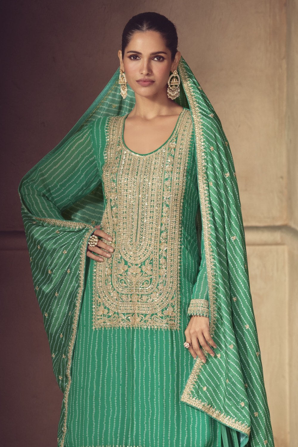 Green Chinon Silk Sharara Suit For Indian & Pakistani Wedding Festival - Print Work, Thread & Sequins Embroider Work - close-up view