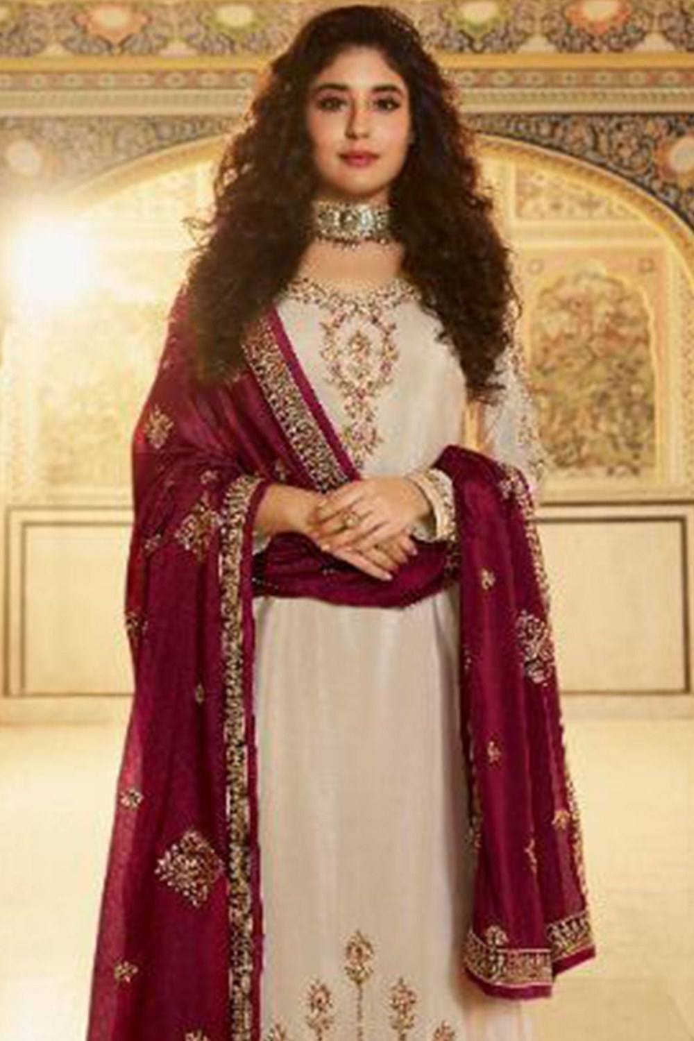 Beige Satin Kameez with Plazzo Suit For Indian Festivals & Pakistani Weddings - Thread Embroidery Work, Sequence Embroidery Work RTS - close-up view