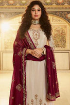Beige Satin Kameez with Plazzo Suit For Indian Festivals & Pakistani Weddings - Thread Embroidery Work, Sequence Embroidery Work RTS - close-up view