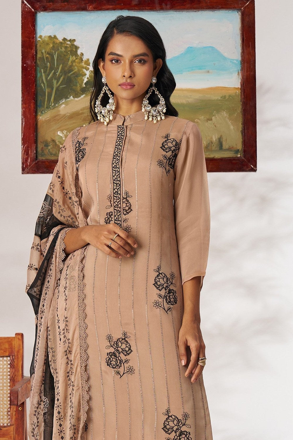 Beige Organza Kameez With Pant For Indian & Pakistani Wedding Festival - Thread Embroidery Work - close-up view