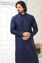 Navy Blue Art Silk Indo Western Traditional Sherwani Long Kurta & Pant Suit for Men for Wedding - Embroidery Work - close-up view