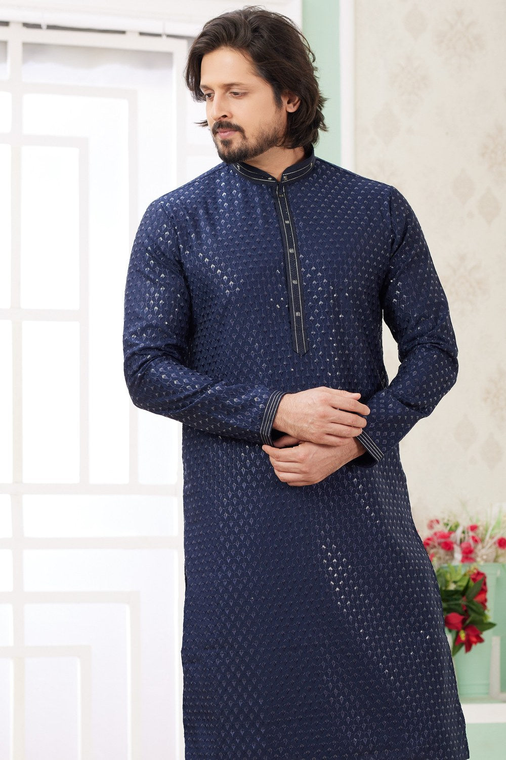 Navy Blue Art Silk Indo Western Traditional Sherwani Long Kurta & Pant Suit for Men for Wedding - Embroidery Work - close-up view