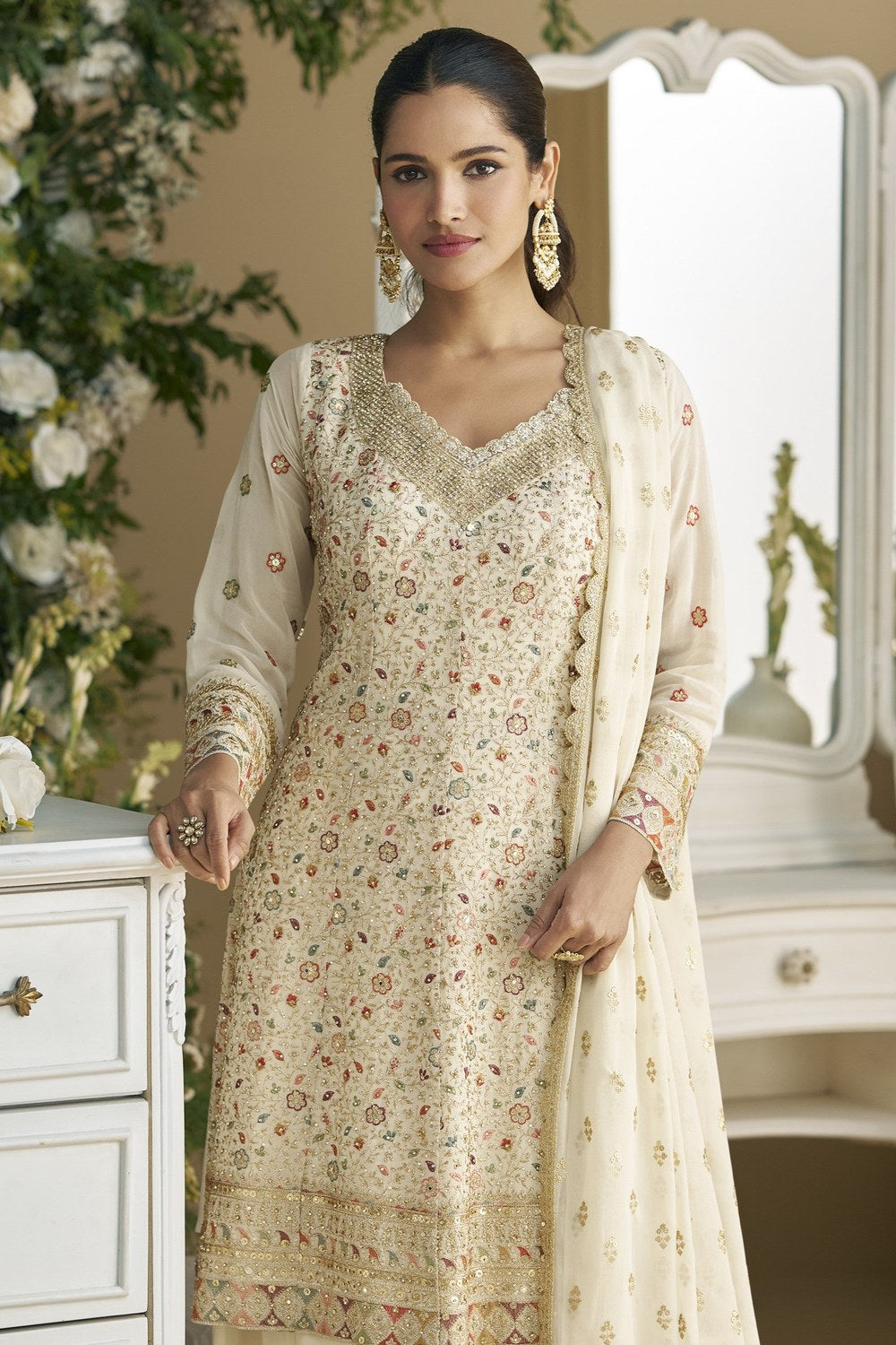 Off White Georgette Palazzo Suit For Indian & Pakistani Wedding Festival - Embroidery Work, Swarovski Work - close-up view