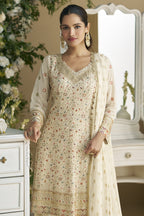 Off White Georgette Palazzo Suit For Indian & Pakistani Wedding Festival - Embroidery Work, Swarovski Work - close-up view