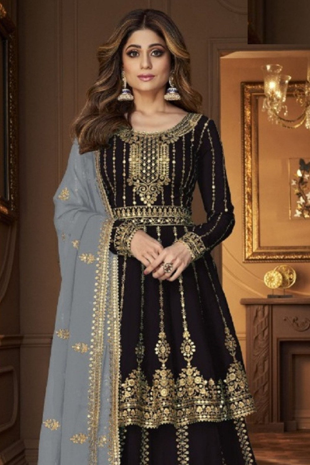 Black Georgette Kameez with Skirt Suit For Indian Wedding & Festival - Sequence Embroidery Work - close-up view