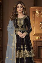 Black Georgette Kameez with Skirt Suit For Indian Wedding & Festival - Sequence Embroidery Work - close-up view