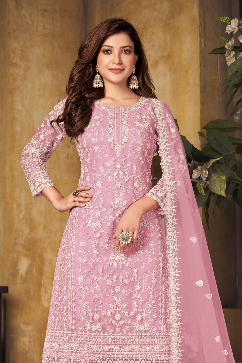 Pink Net Plazo Sangeet Outfits for Women with Thread Embroidery - close-up view