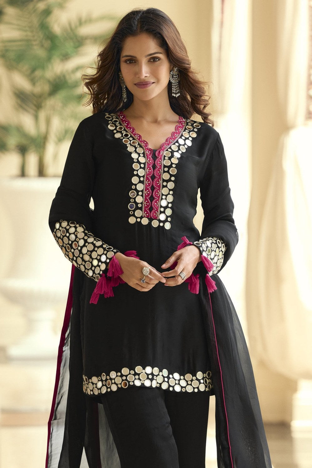 Black Indian Party Wear Outfits Plazo Suit - Real Mirror & Embroidery Work - close-up view