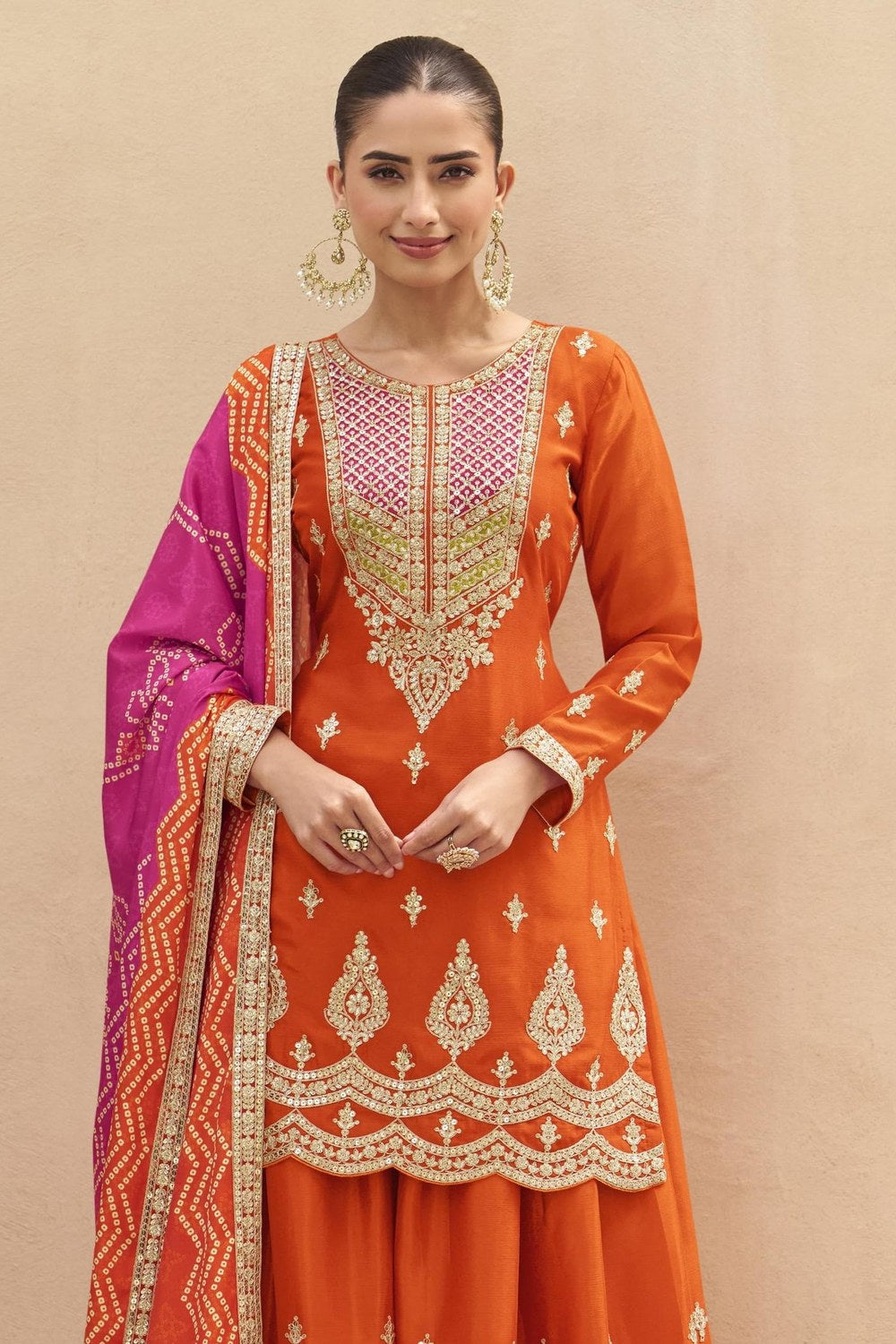 Orange Chinon Silk Plazo Suit For Indian & Pakistani Wedding Festival - Sequins & Thread Embroidery Work, Print Work - close-up view