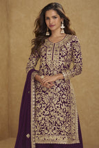 Embroidered Suit for Womens | Purple Georgette Sequin Plazo Set - close-up view
