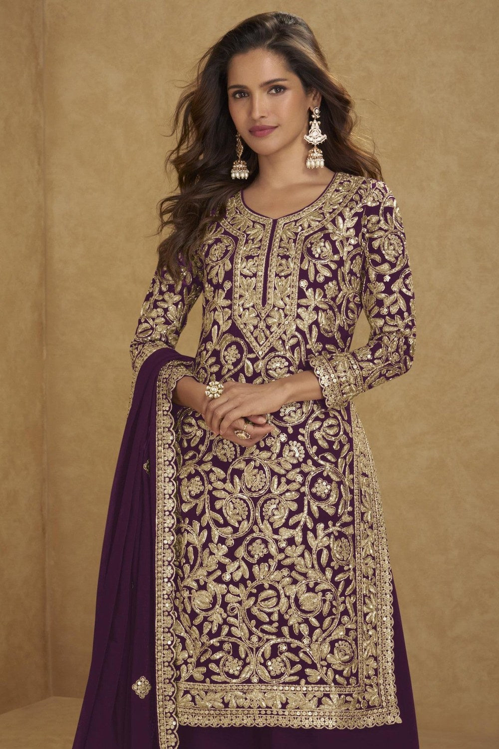 Embroidered Suit for Womens | Purple Georgette Sequin Plazo Set - close-up view