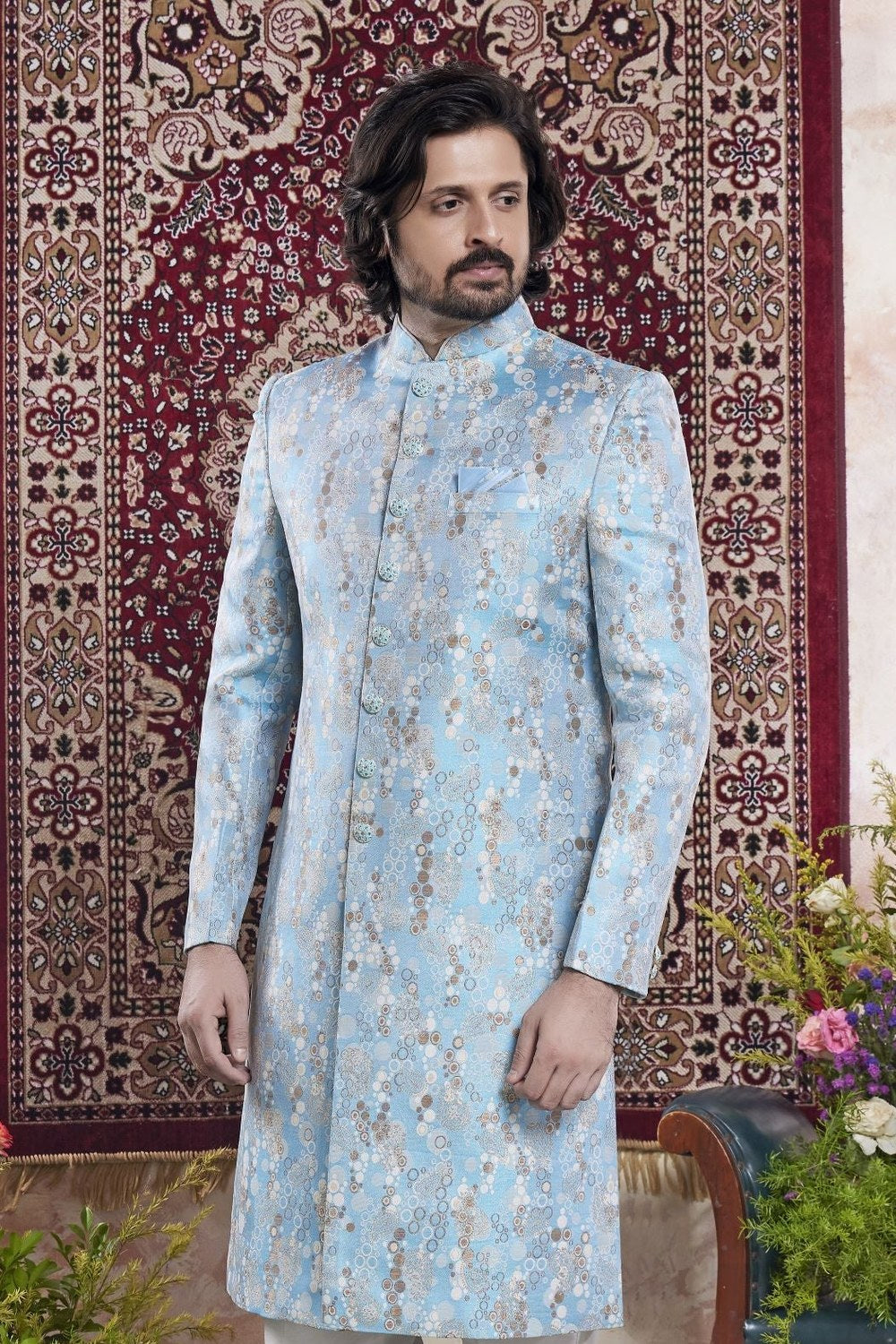 Light Blue Jacquard Mens Indian Wedding Attire Indo Western - close-up view