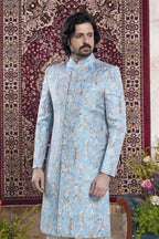 Light Blue Jacquard Mens Indian Wedding Attire Indo Western - close-up view