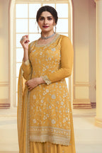 Golden Chinon Silk Plus Size (Upto 6XL Size) Palazzo Suit For Indian Festivals & Pakistani Plazo Wedding Dress - Embroidery Work - close-up view