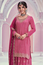 Pink Chinon Silk Indian Wedding Guests Outfits Plazo Suit - Thread & Sequence Embroidery Work - close-up view