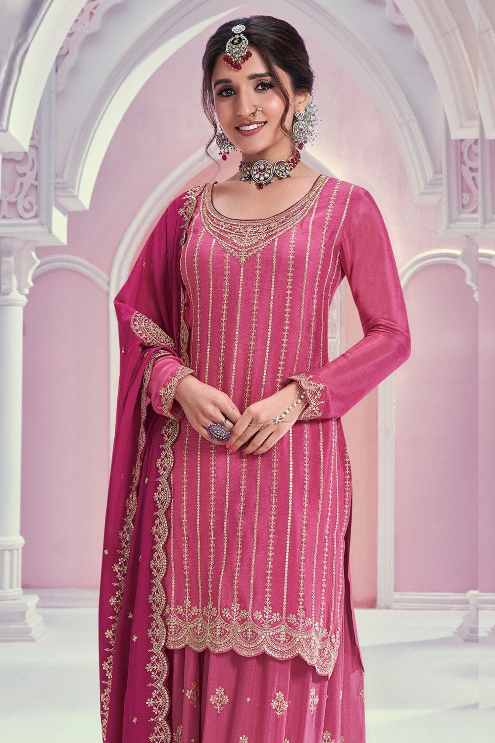 Pink Chinon Silk Indian Wedding Guests Outfits Plazo Suit - Thread & Sequence Embroidery Work - close-up view