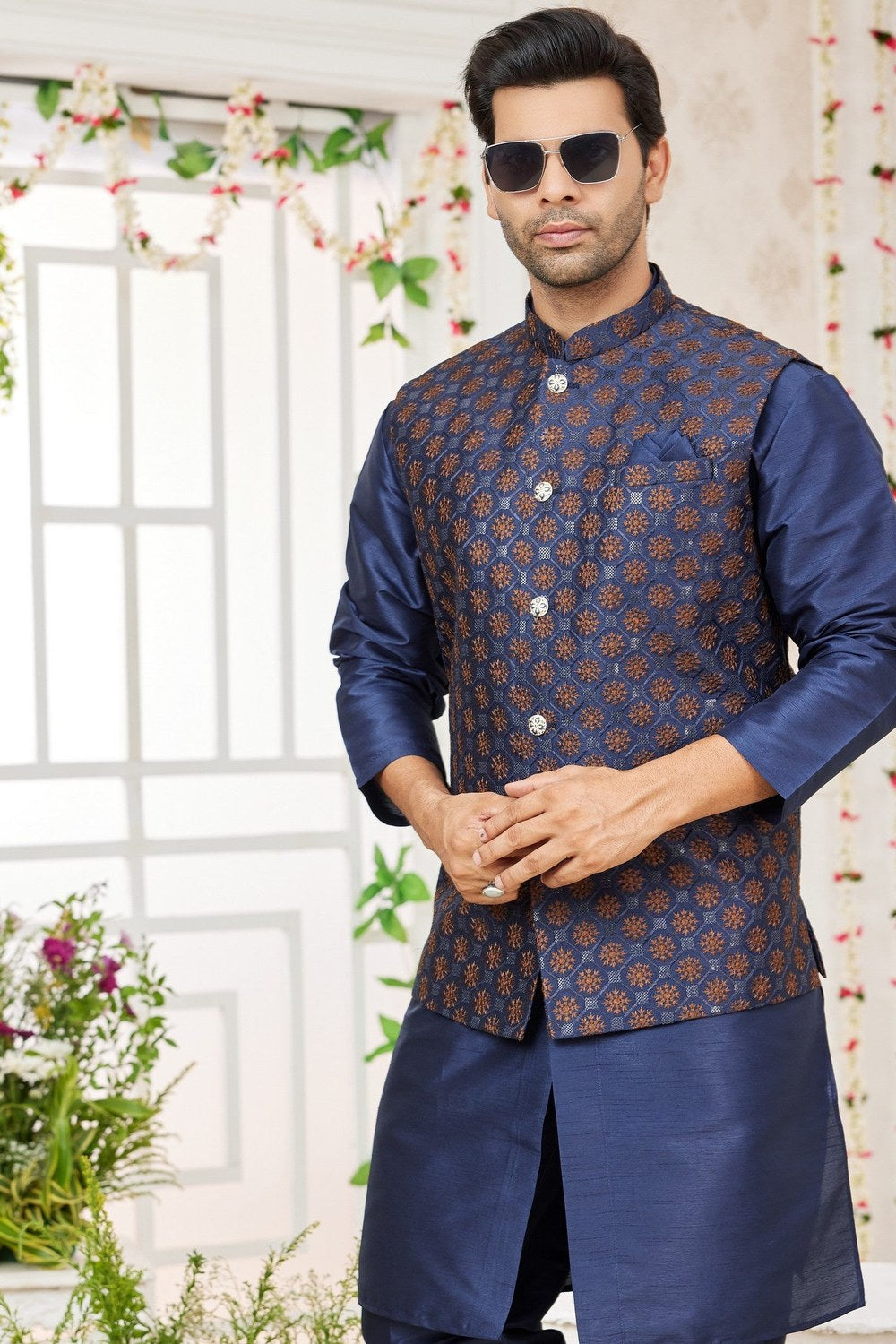 Navy Blue Art Silk Kurta Pajama with Waistcoat Jacket for Men for Wedding - Embroidery Work - close-up view