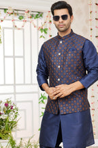 Navy Blue Art Silk Kurta Pajama with Waistcoat Jacket for Men for Wedding - Embroidery Work - close-up view