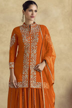 Orange Chinon Silk Plazo Suit For Indian Weddings & Pakistani Festival - Embroidery Work - close-up view