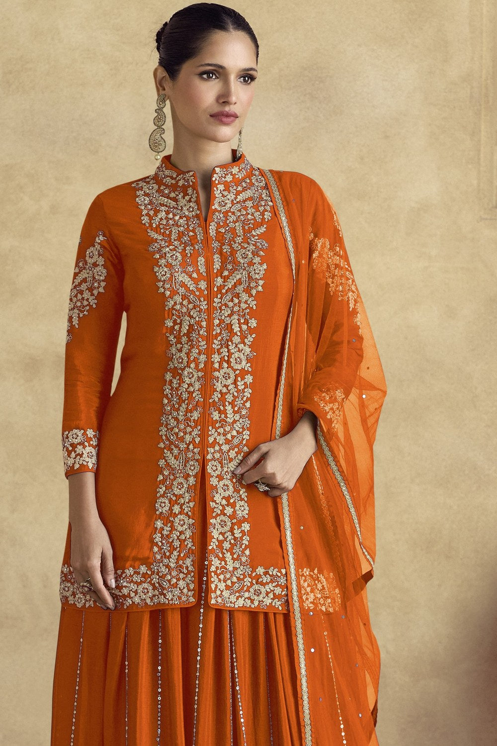 Orange Chinon Silk Plazo Suit For Indian Weddings & Pakistani Festival - Embroidery Work - close-up view