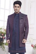 Burgundy Jacquard Silk Indo Western Traditional Sherwani Kurta with Jacket & Pant for Men for Wedding - Embroidery Work - close-up view