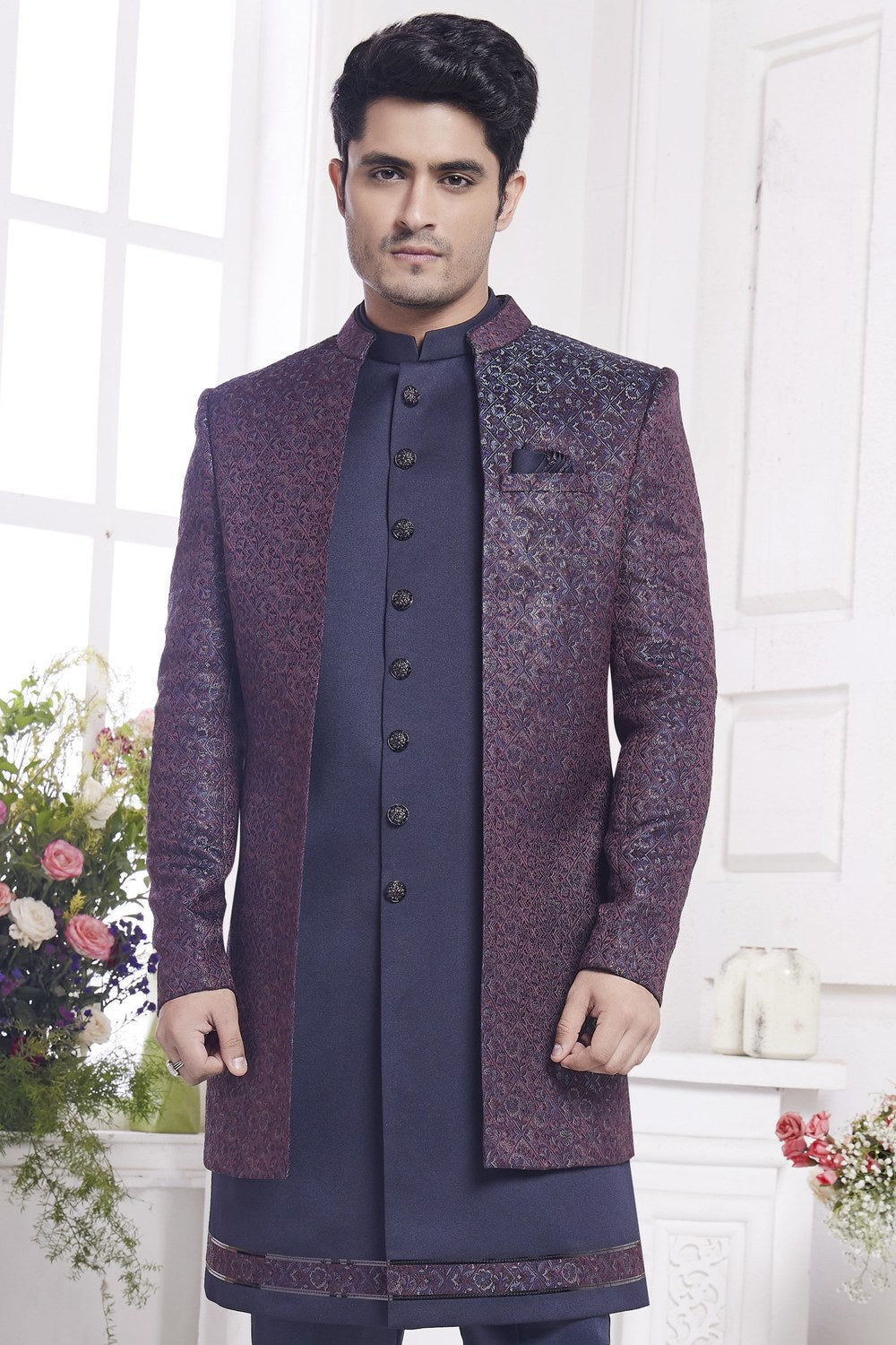 Burgundy Jacquard Silk Indo Western Traditional Sherwani Kurta with Jacket & Pant for Men for Wedding - Embroidery Work - close-up view