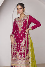 Pink Chinon Silk Palazzo Suit For Indian Weddings & Pakitani Festival - Embroidery Work - close-up view