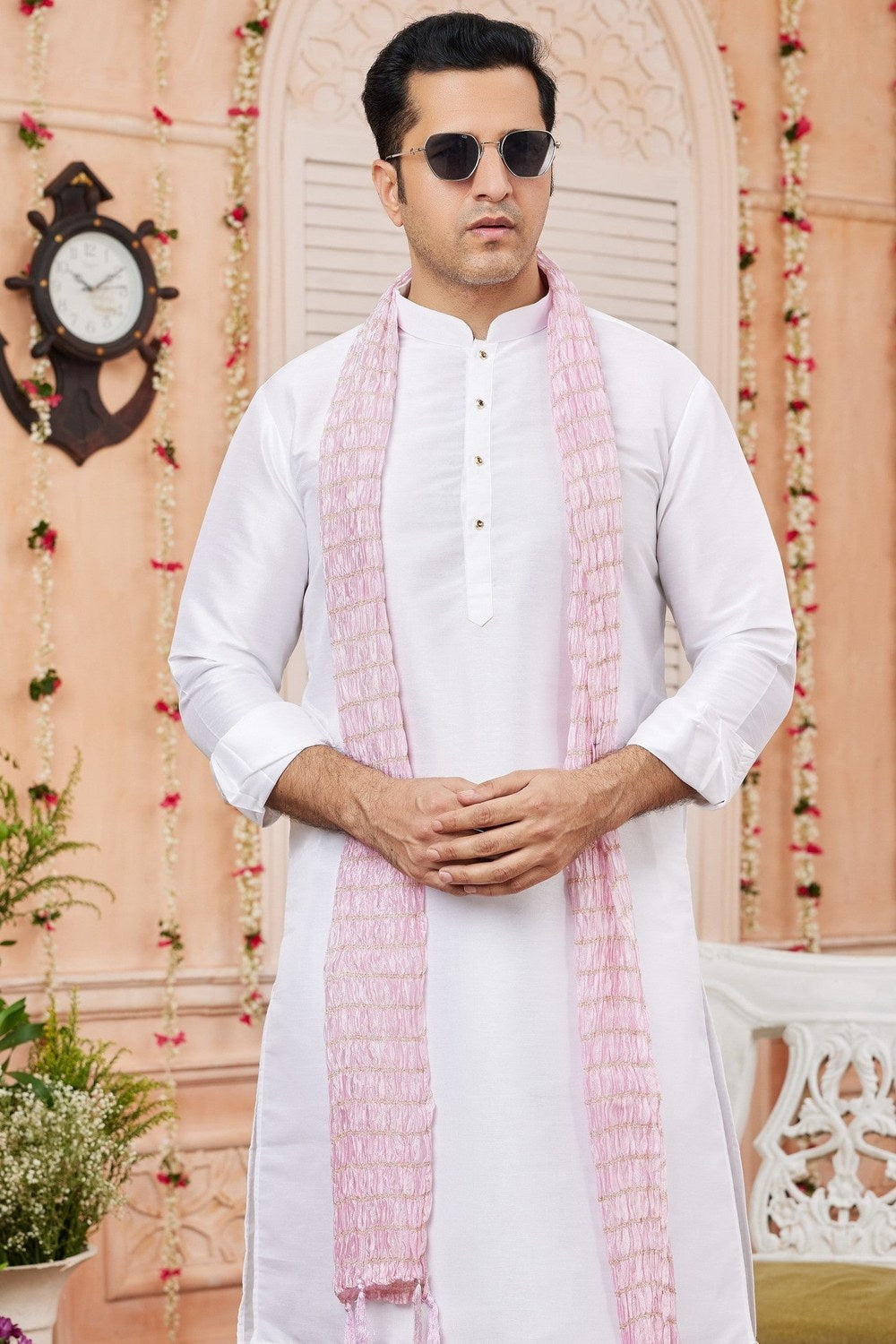 White Art Silk Plain Kurta Pajama with Stole Scarf for Men for Festivals & Weddings - close-up view