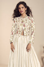 White Vichitra Silk Long Sleeves Lehenga with Sequin Embroidery Work - close-up view