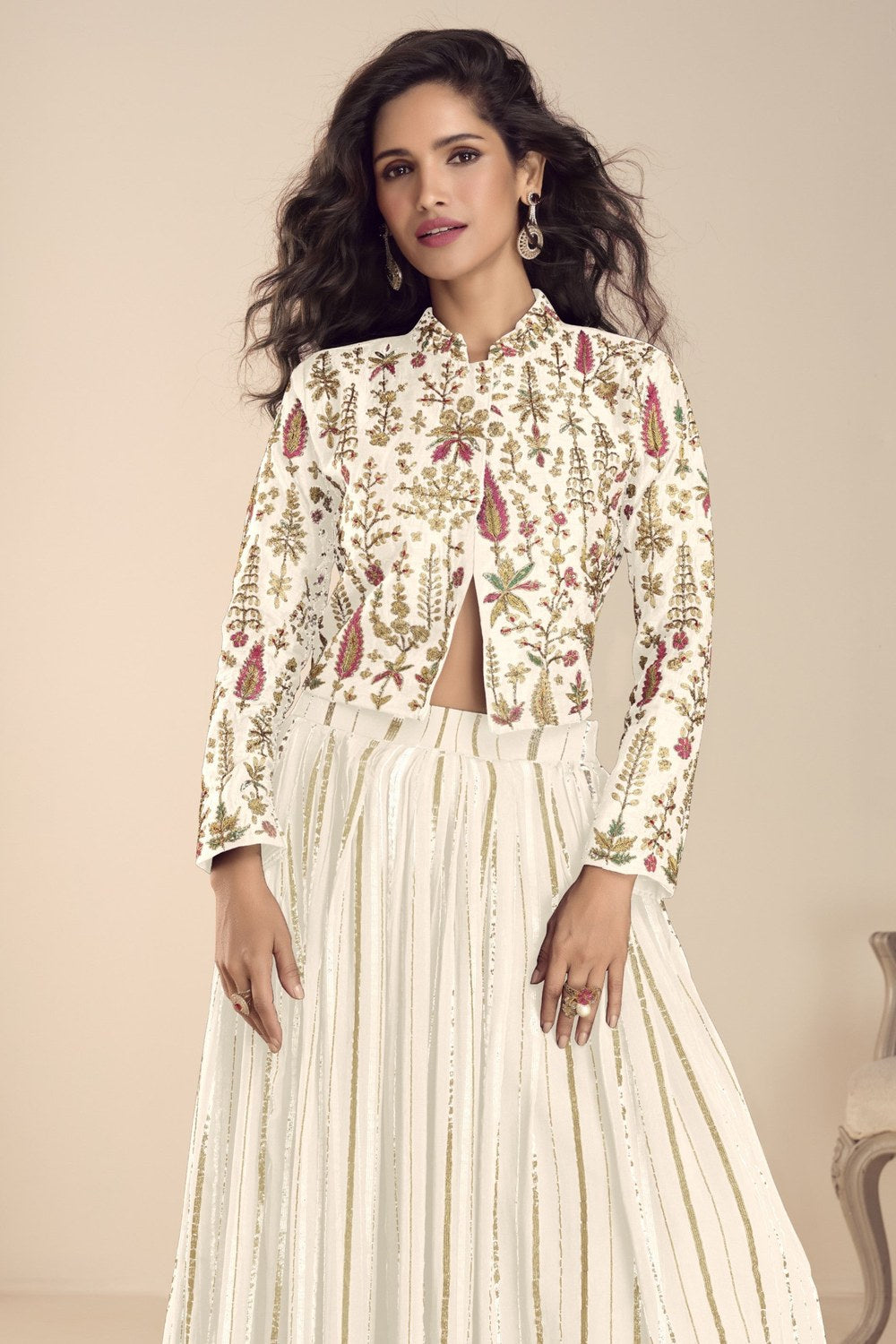White Vichitra Silk Long Sleeves Lehenga with Sequin Embroidery Work - close-up view