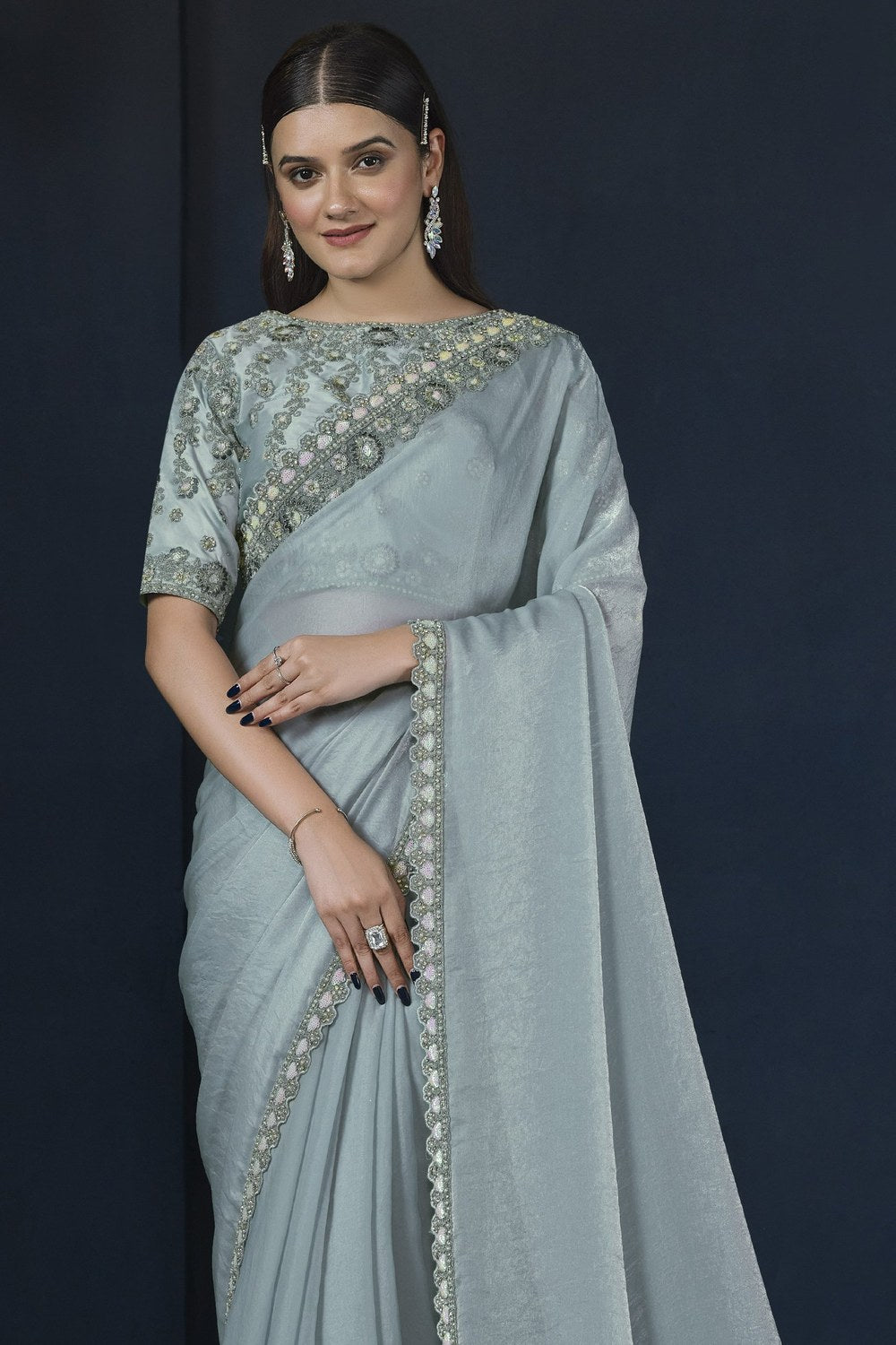 Light Blue Satin Silk Saree With Stitched Blouse For Indian & Pakistani Wedding Festival - Sequence Embroidery Work, Dori Work, Moti Work - close-up view