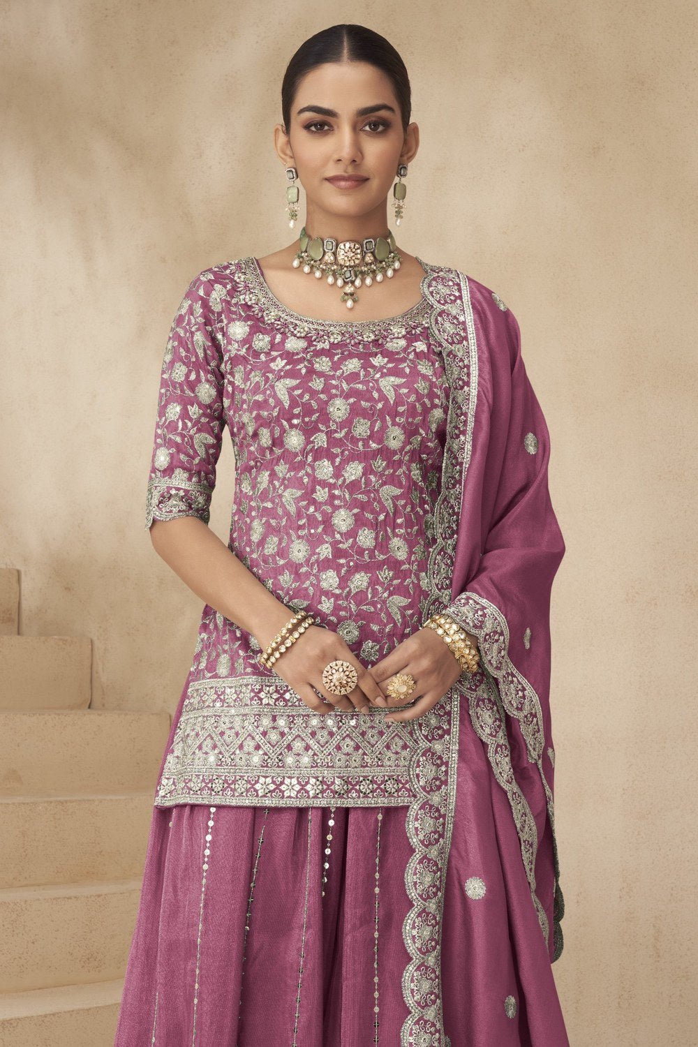 Pink Simmer Silk Kameez With Palazzo Suit For Indian & Pakistani Wedding Festival - Thread & Sequence Embroidery - close-up view