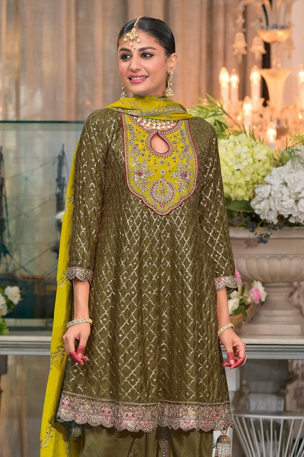Green Chinon Silk Kameez With Dhoti Suit For Indian & Pakistani Wedding Festival - Thread & Sequence Embroidery - close-up view