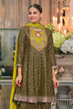 Green Chinon Silk Kameez With Dhoti Suit For Indian & Pakistani Wedding Festival - Thread & Sequence Embroidery - close-up view