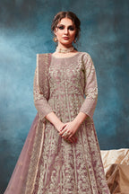Purple Net Anarkali with Dori Embroidery Work for Indian Dresses for Women - close-up view