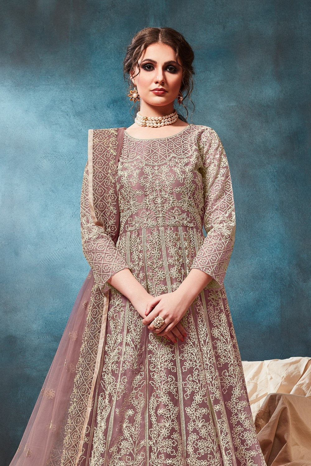 Purple Net Anarkali with Dori Embroidery Work for Indian Dresses for Women - close-up view