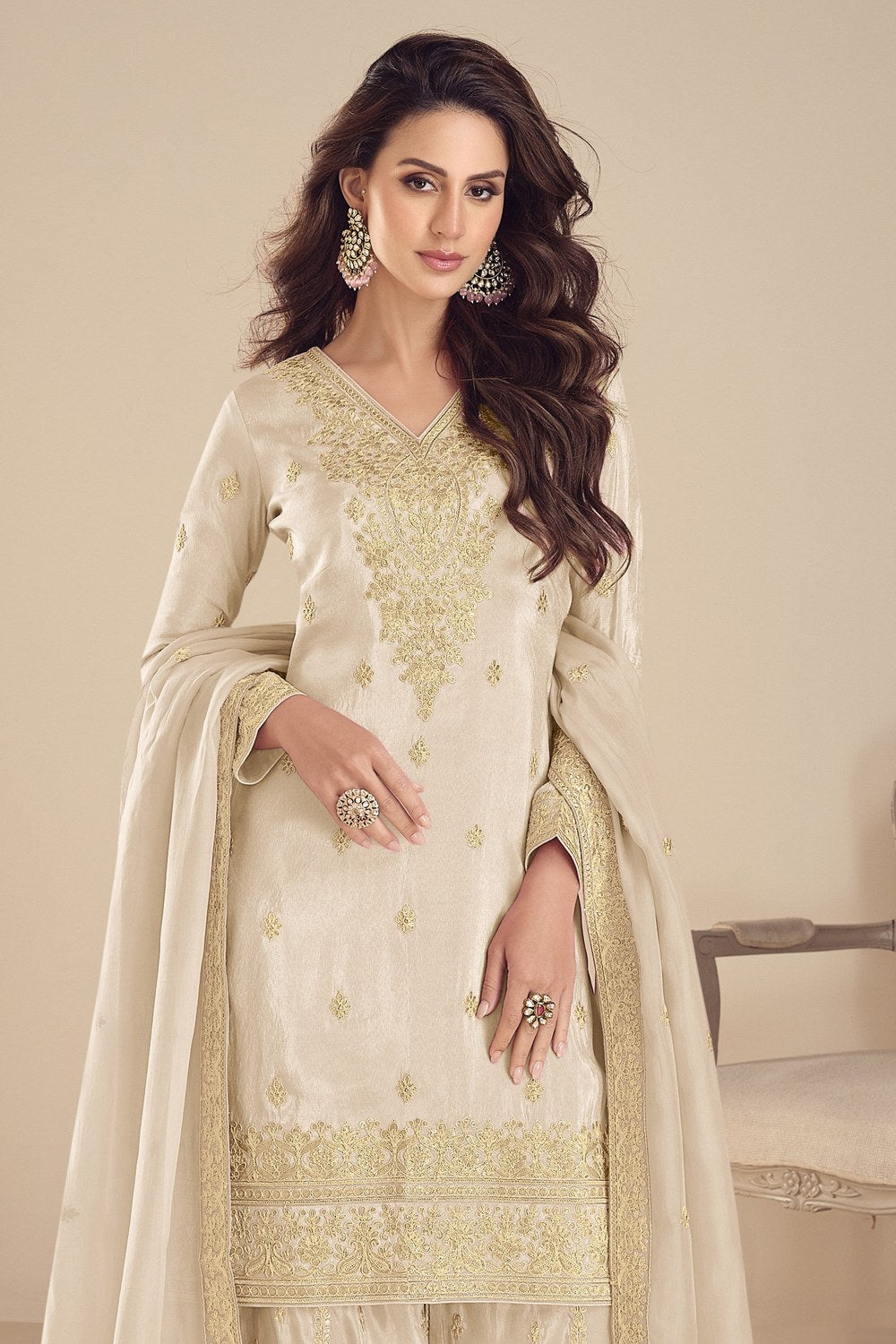 Cream Simmer Silk Embroidery Work Palazzo Suits for Women - close-up view