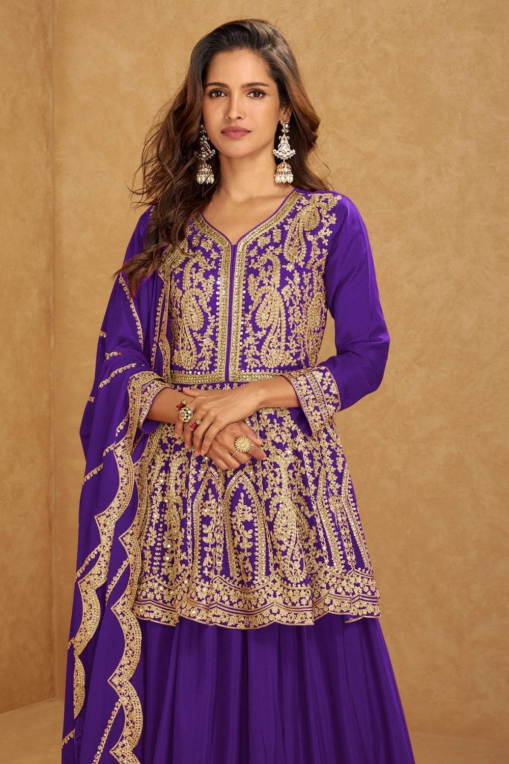 Purple Chinon Silk Kameez With Skirt For Indian & Pakistani Wedding Festival - Embroidery Work, Real Mirror Work - close-up view