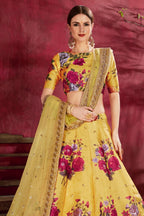 Yellow Banglori Silk Flower Lehenga Choli For Indian & Pakistani Wedding Festival - Sequins Embroidery Work, Dori Work, Zari Work, Print Work - close-up view