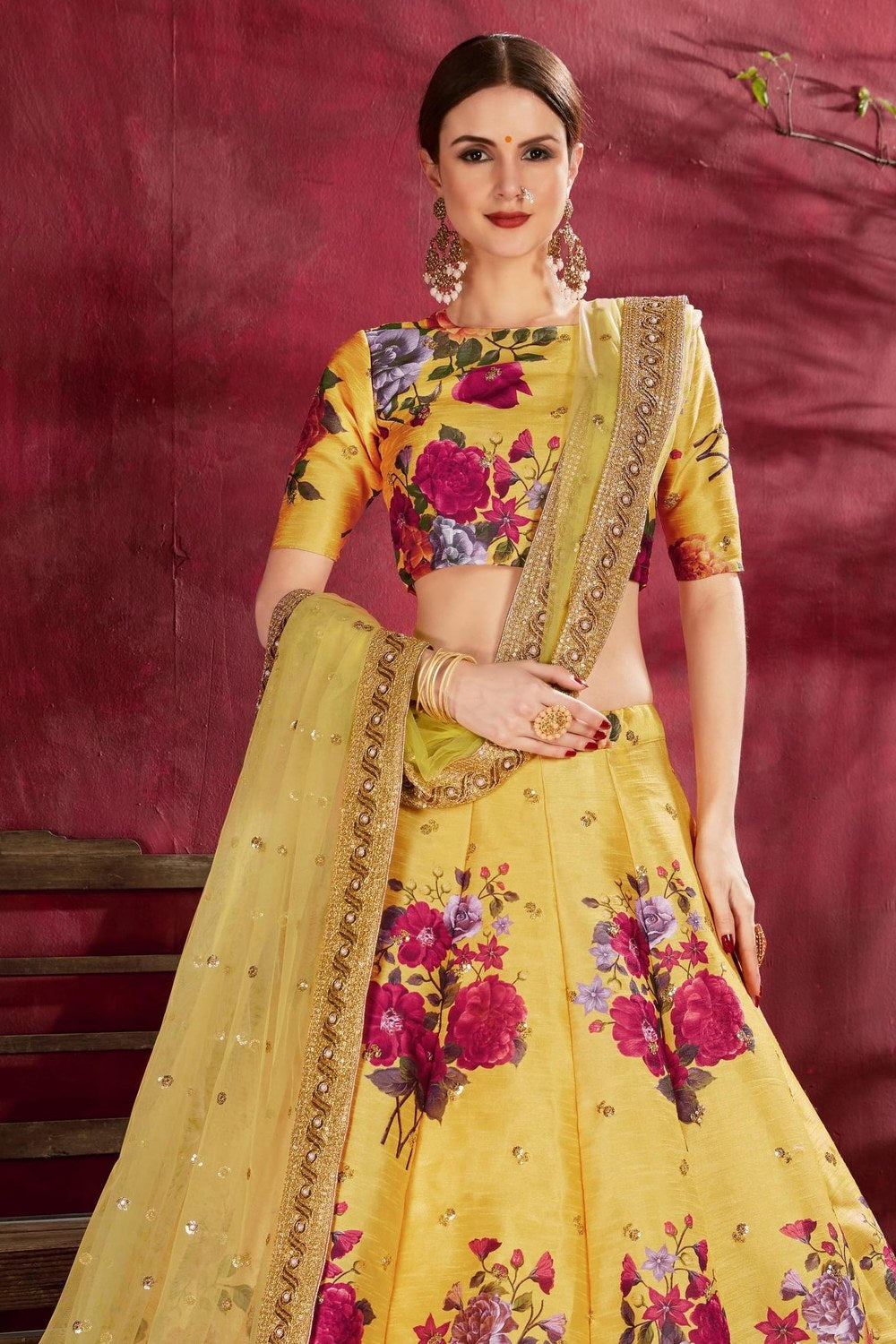 Yellow Banglori Silk Flower Lehenga Choli For Indian & Pakistani Wedding Festival - Sequins Embroidery Work, Dori Work, Zari Work, Print Work - close-up view
