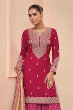 Red Chinon Silk Indian Palazzo Suit with Print & Embroidery Work - close-up view