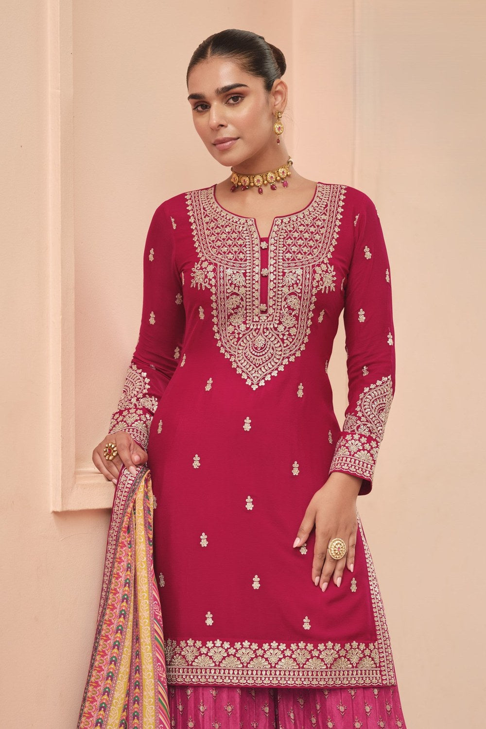 Red Chinon Silk Indian Palazzo Suit with Print & Embroidery Work - close-up view