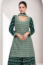Green Chinon Silk Plazo Suit Dress For Indian Wedding & Festival - Embroidery Work - close-up view