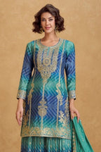Teal Chinon Silk Bandhani Palazzo Suits with Bandhni Print & Embroidery Work - close-up view