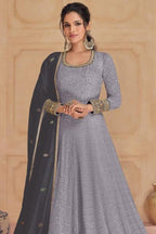 Lavender Gray Georgette Anarkali Bridesmaid Dresses in India Wedding - Thread & Sequence Embroidery Work - close-up view