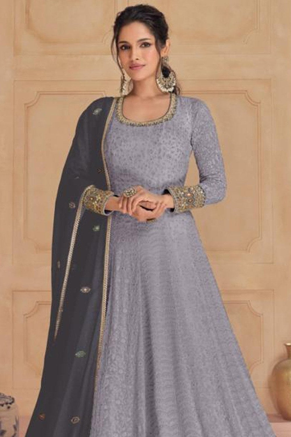 Lavender Gray Georgette Anarkali Bridesmaid Dresses in India Wedding - Thread & Sequence Embroidery Work - close-up view