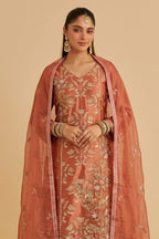 Orange Shimmer Silk Women's Straight Pant Suit with Embroidery - close-up view